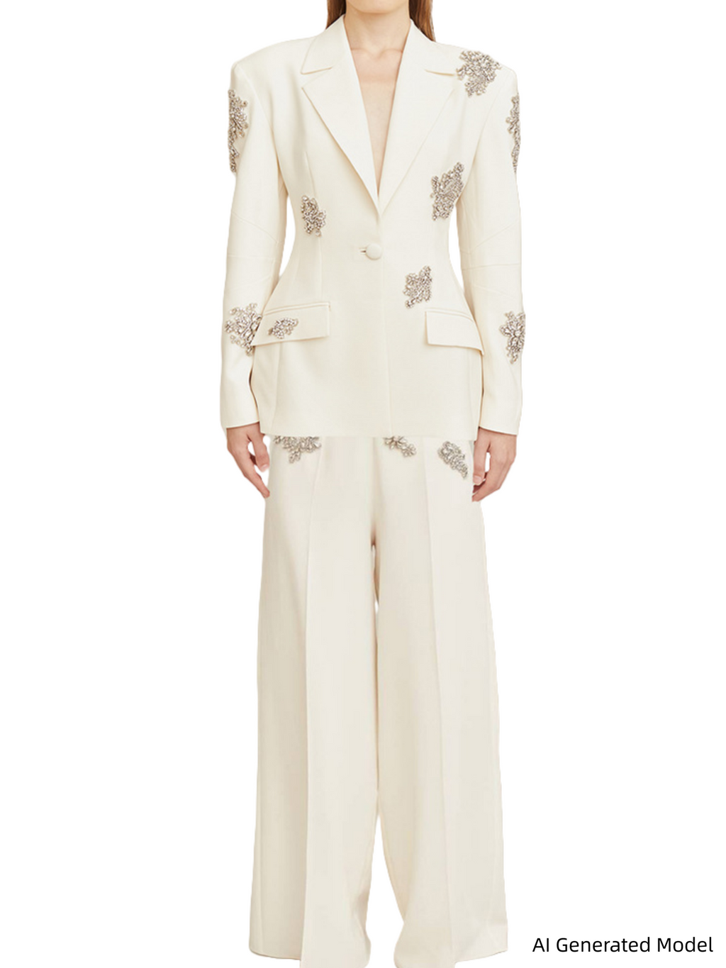 Platlogy Rhinestone Embellished Tailored Blazer And Pants Two Piece Set