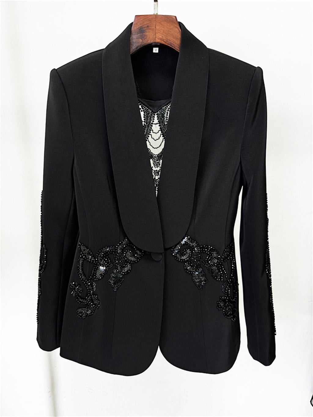 Platlogy Elegant Rhinestone Cutout Back Blazer Sheer Mesh Wide Leg Pants Formal Two Piece Women Suit