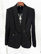 Platlogy Elegant Rhinestone Cutout Back Blazer Sheer Mesh Wide Leg Pants Formal Two Piece Women Suit