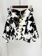 Platlogy Black Rose Print Shirt Mini Dress Elegant Long Sleeve Turn Down Collar A Line Party Casual Dress
