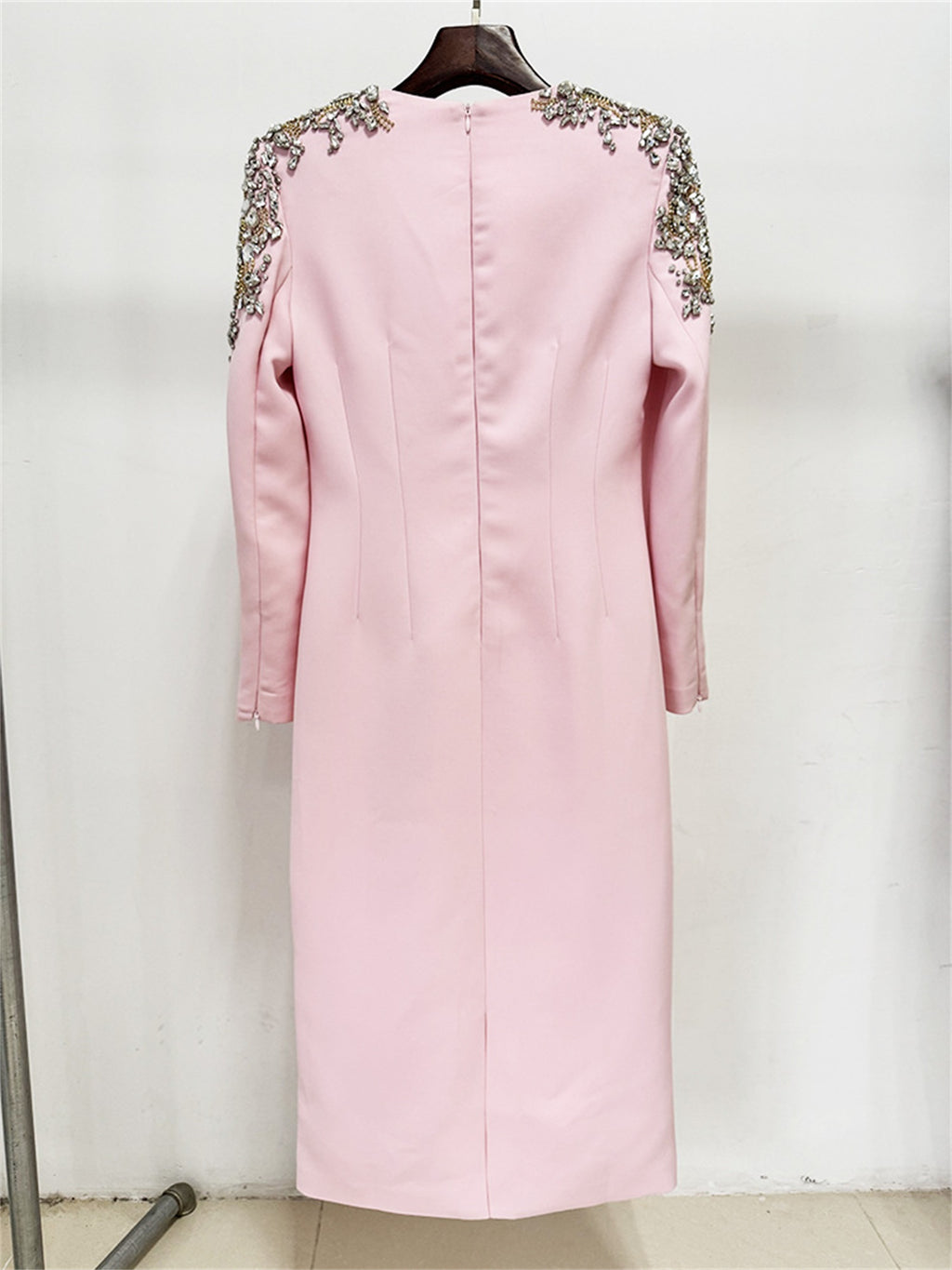 Platlogy Pink Shoulder Rhinestone Embellished Long Sleeve Midi Formal Dress Elegant Party Cocktail Sheath Dress