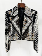 Platlogy Luxury Heavy Pearl Embroidered Cropped Blazer Women Lapel Long Sleeve Elegant Party Dressy Jacket