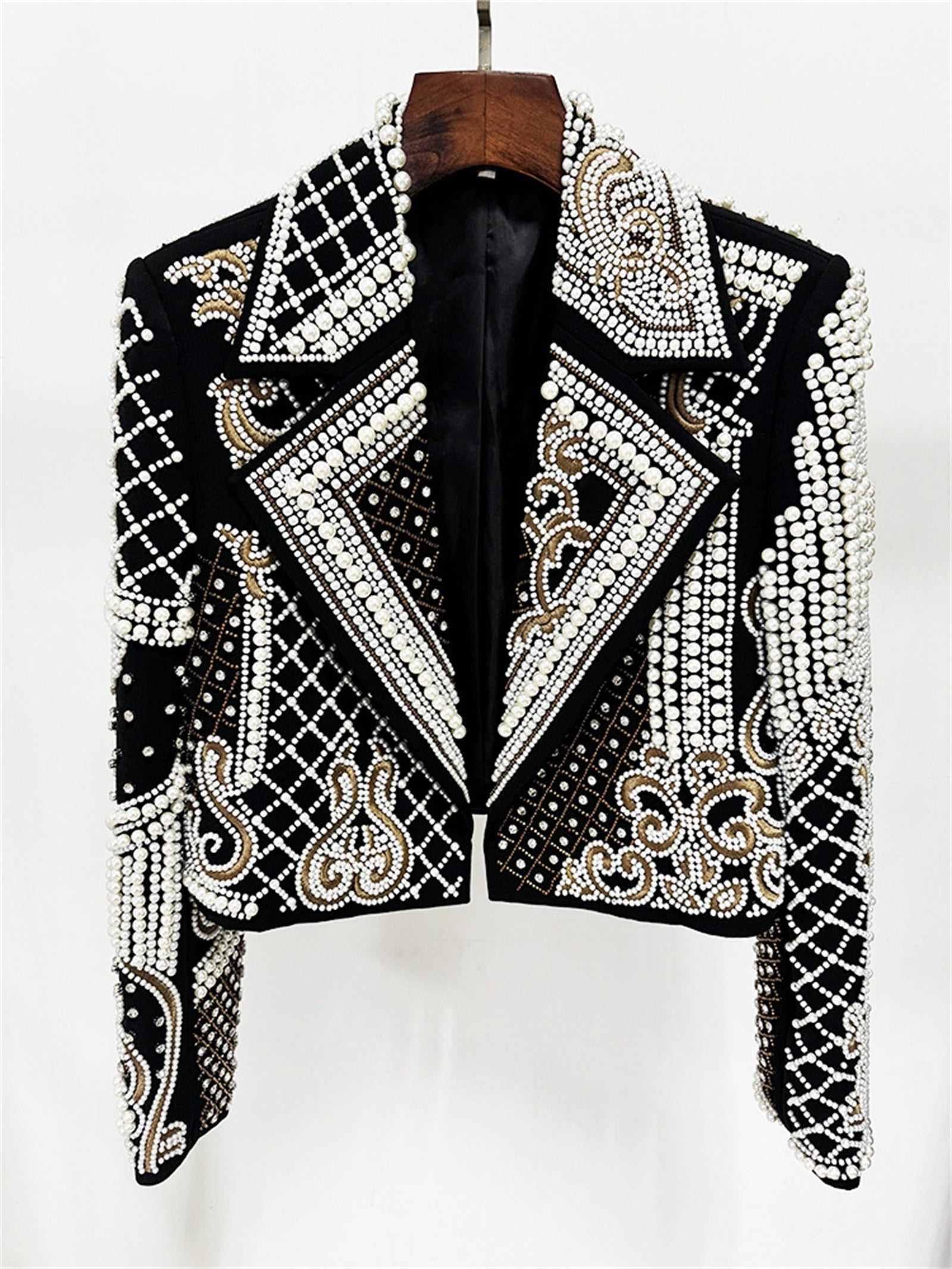 Platlogy Luxury Heavy Pearl Embroidered Cropped Blazer Women Lapel Long Sleeve Elegant Party Dressy Jacket