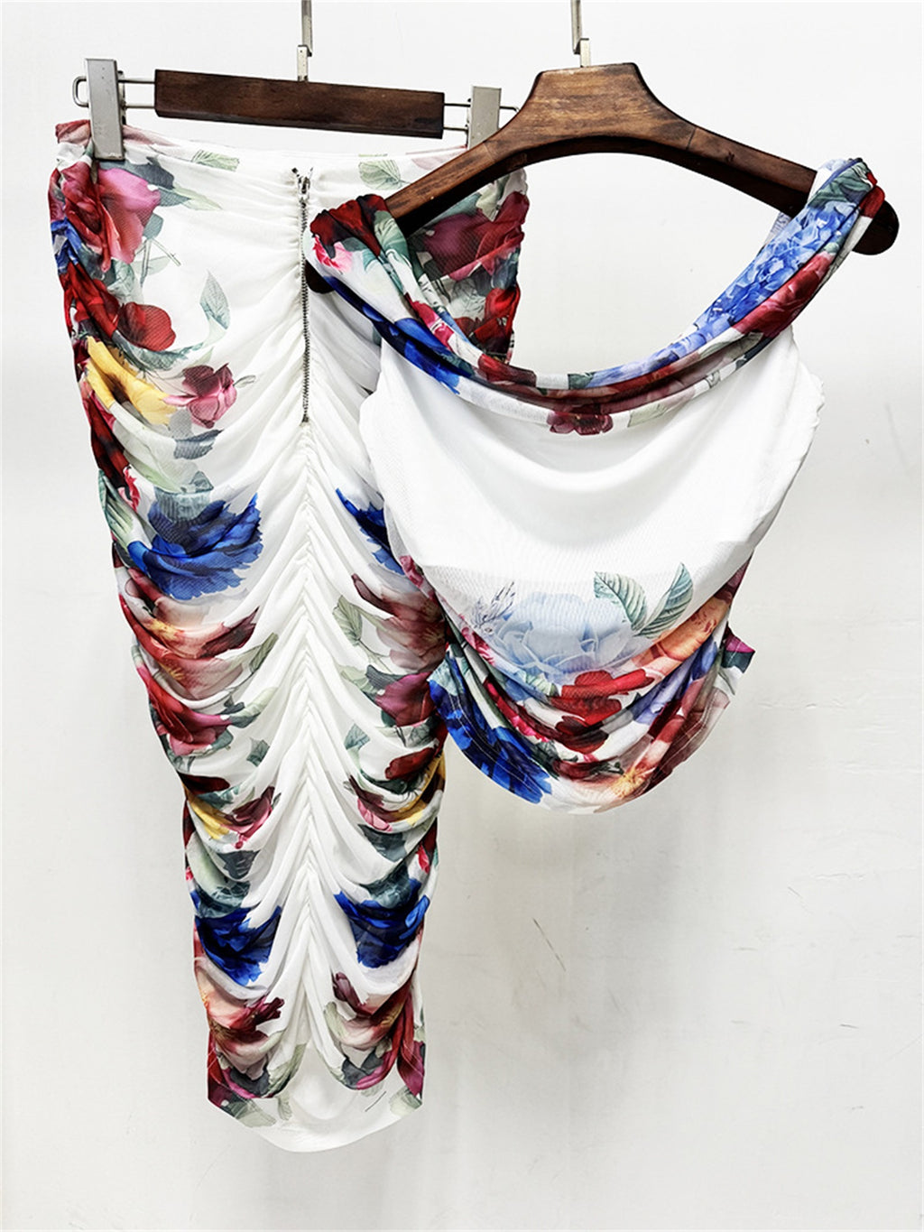 Platlogy Floral Print Draped Neck Mesh Two Piece Crop Top Ruched  Skirt Set