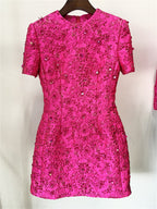 Platlogy Hot Pink Floral Beaded Short Sleeve Mini Dress Elegant Party Cocktail Dress For Women