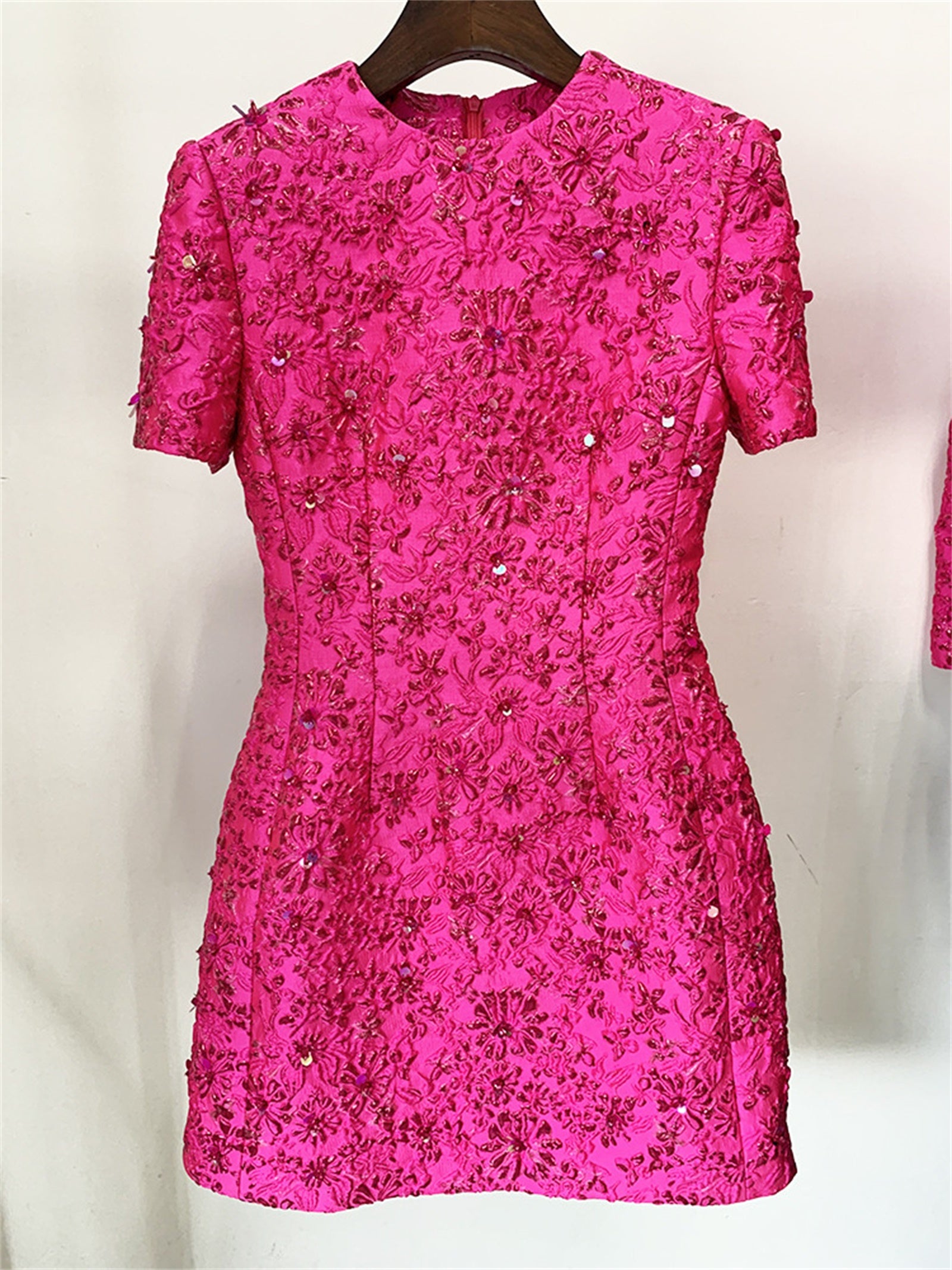 Platlogy Hot Pink Floral Beaded Short Sleeve Mini Dress Elegant Party Cocktail Dress For Women