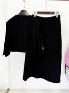 Platlogy Elegant Gold Leaf Embroidery Black Two Piece Set Cropped Jacket And Midi Skirt Formal Women Outfit For Office Wedding Party