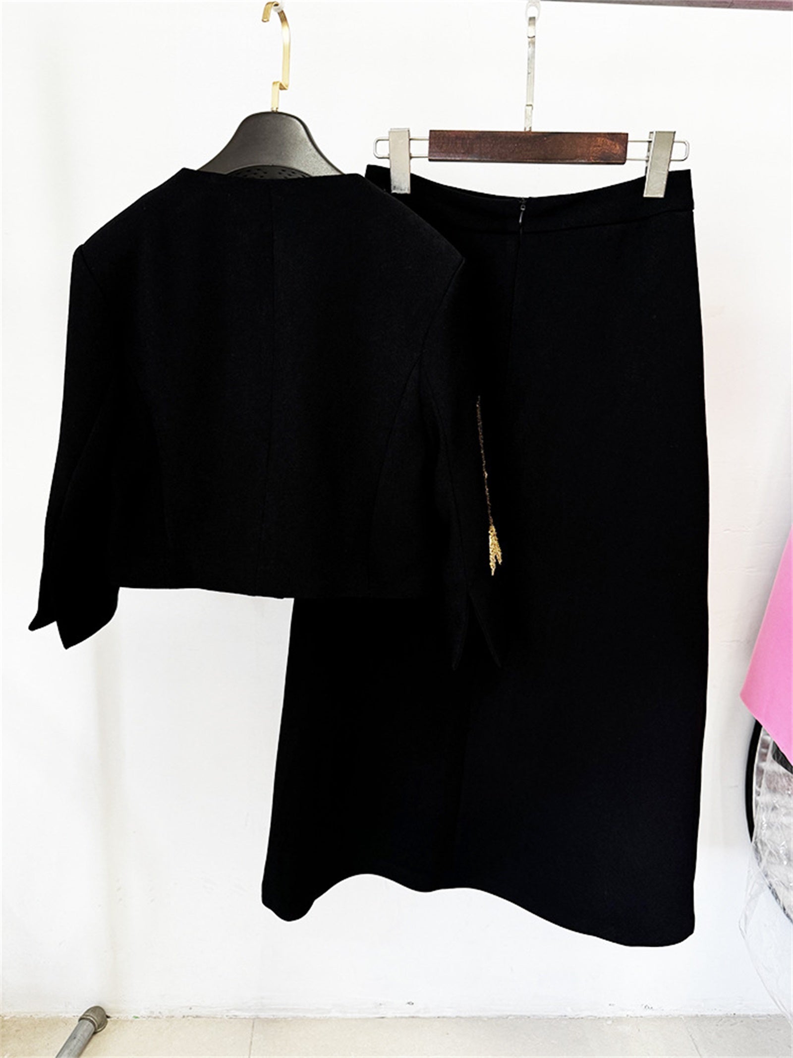 Platlogy Elegant Gold Leaf Embroidery Black Two Piece Set Cropped Jacket And Midi Skirt Formal Women Outfit For Office Wedding Party