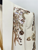 Platlogy Women's Luxury Designer Jacket Slim Fitting Rhinestone Diamonds Beaded Sequin Long Blazer Coat