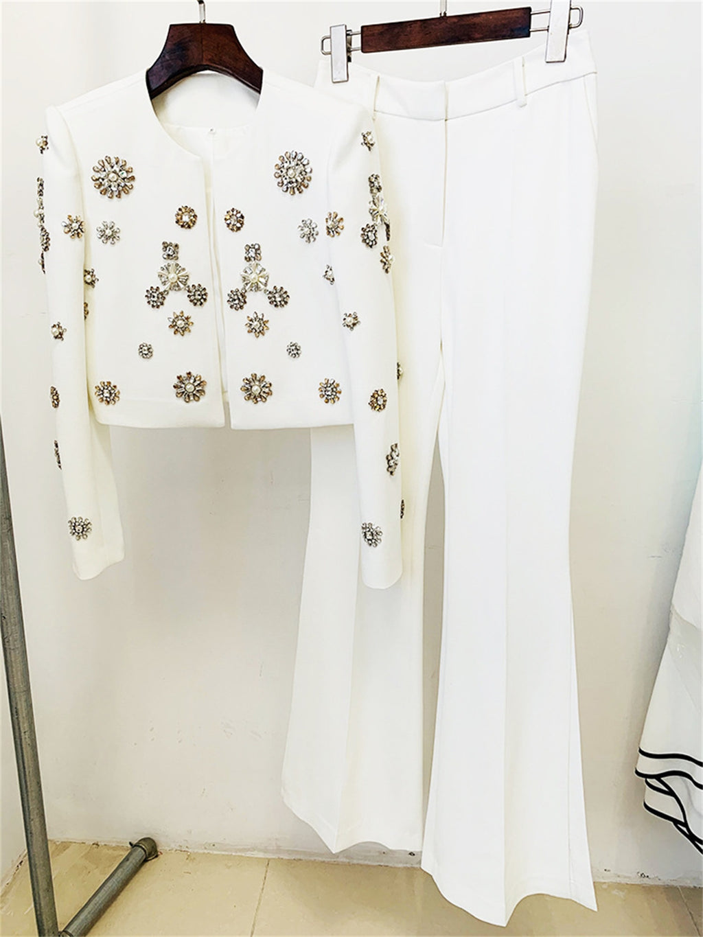 Womens Rhinestone Embellished Cropped Blazer And Flared Pants Two Piece Set