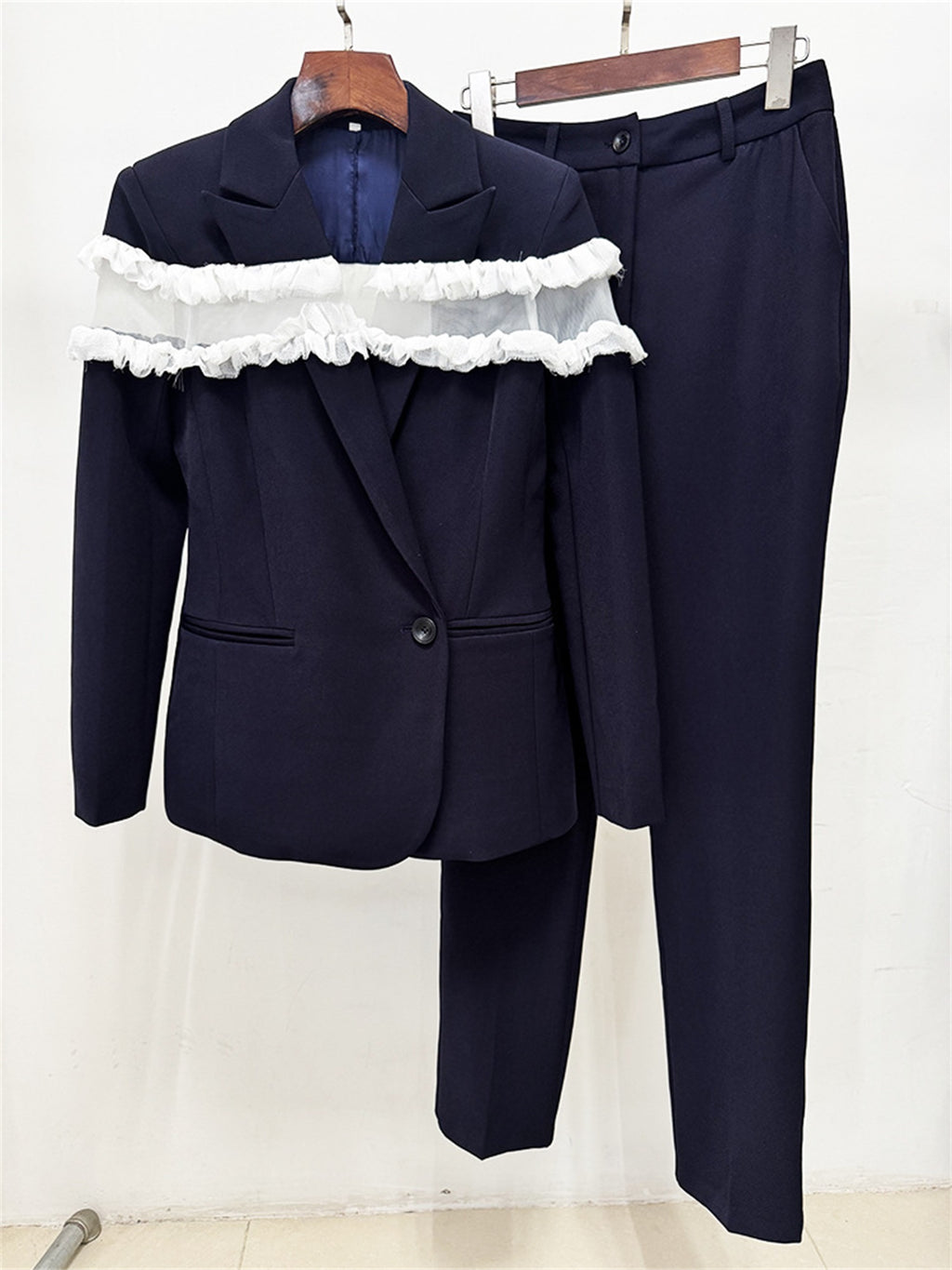 Platlogy Women Navy Ruffled Mesh Patchwork Blazer Pants Set Elegant Formal 2 Piece Suit for Work Party