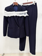 Platlogy Women Navy Ruffled Mesh Patchwork Blazer Pants Set Elegant Formal 2 Piece Suit for Work Party