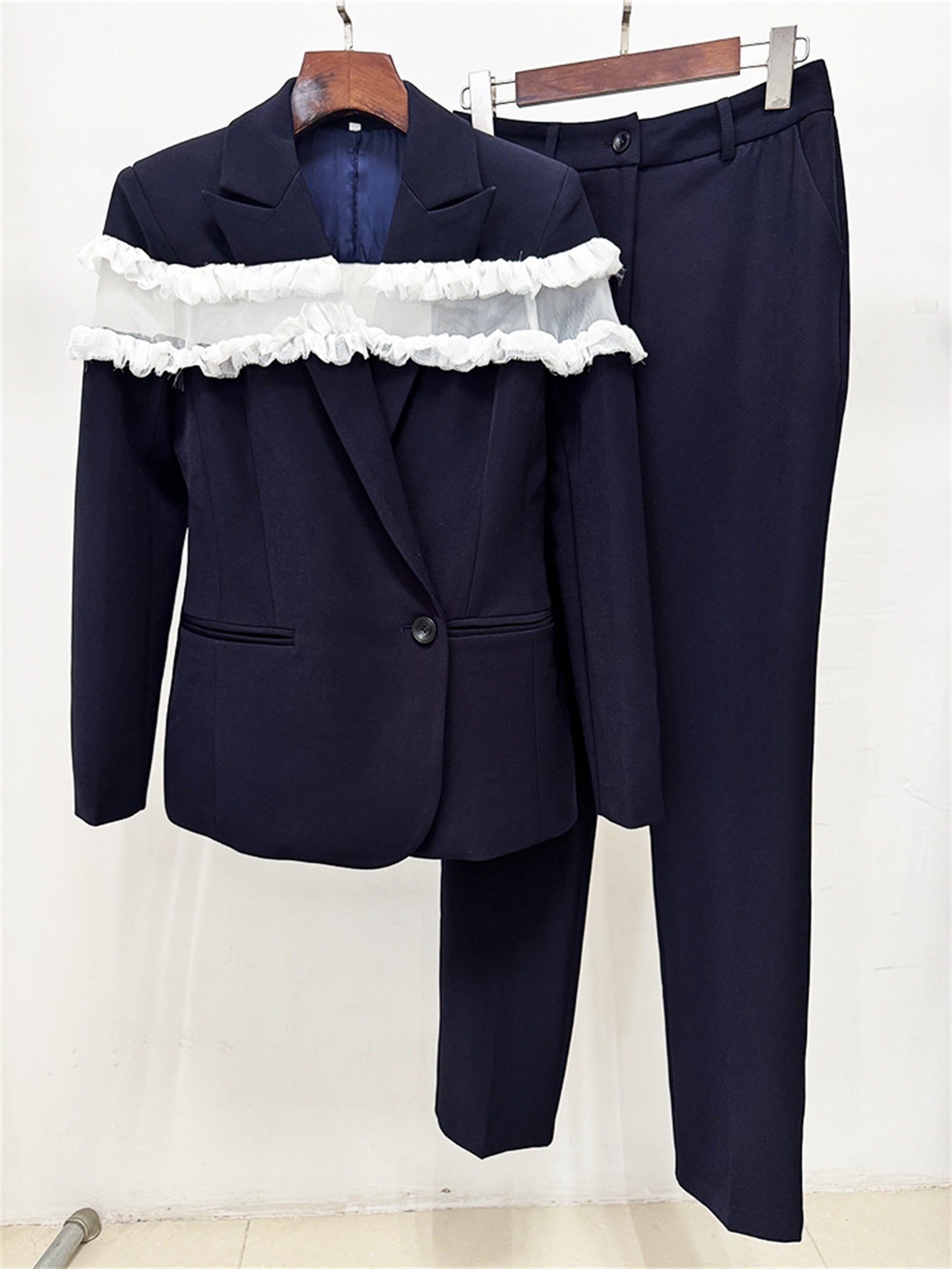 Platlogy Women Navy Ruffled Mesh Patchwork Blazer Pants Set Elegant Formal 2 Piece Suit for Work Party