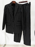 Platlogy Sparkle Vertical Stripe Women Two Piece Blazer And Trouser Suit Formal Business Office Outfit