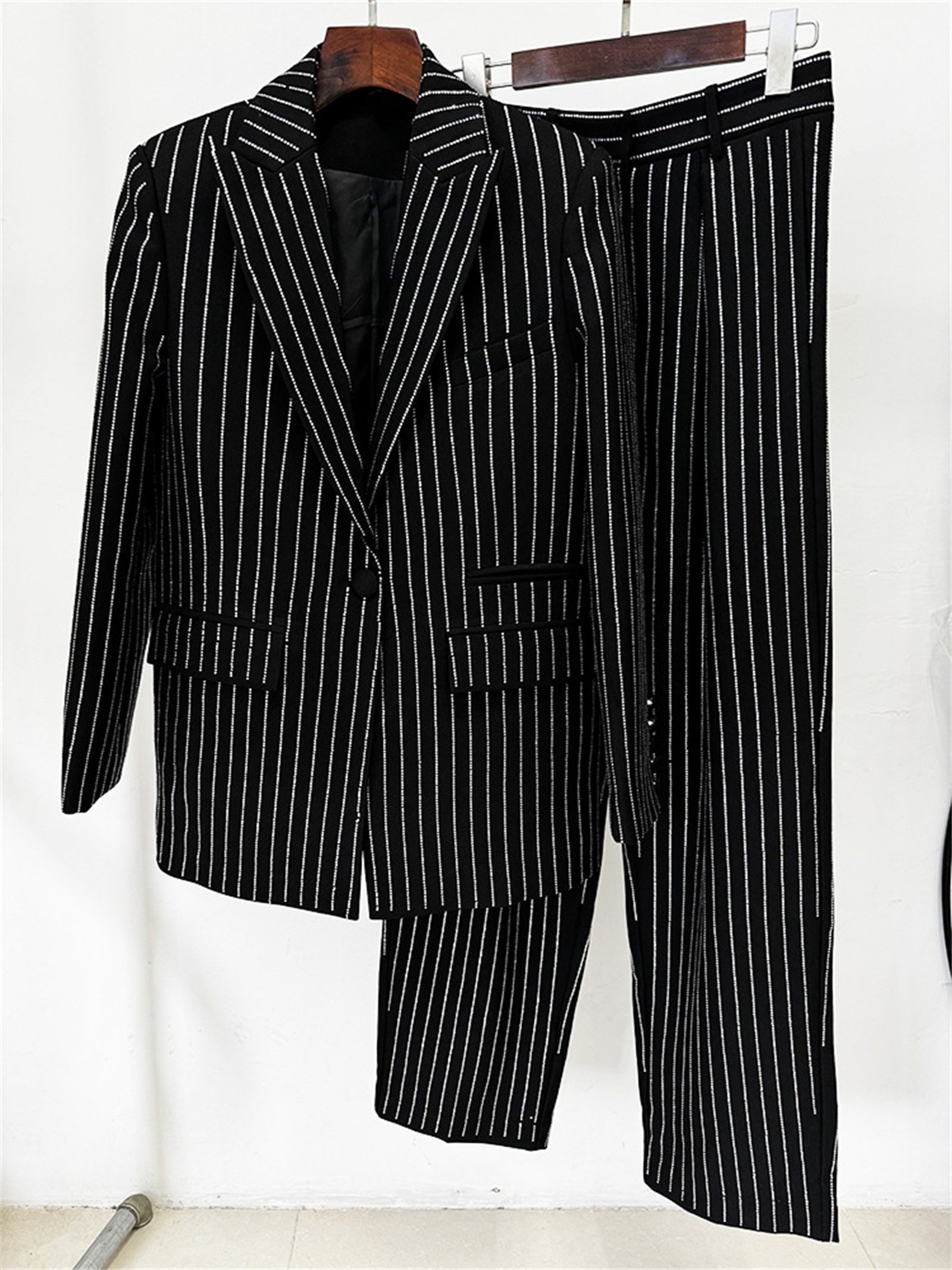 Platlogy Sparkle Vertical Stripe Women Two Piece Blazer And Trouser Suit Formal Business Office Outfit