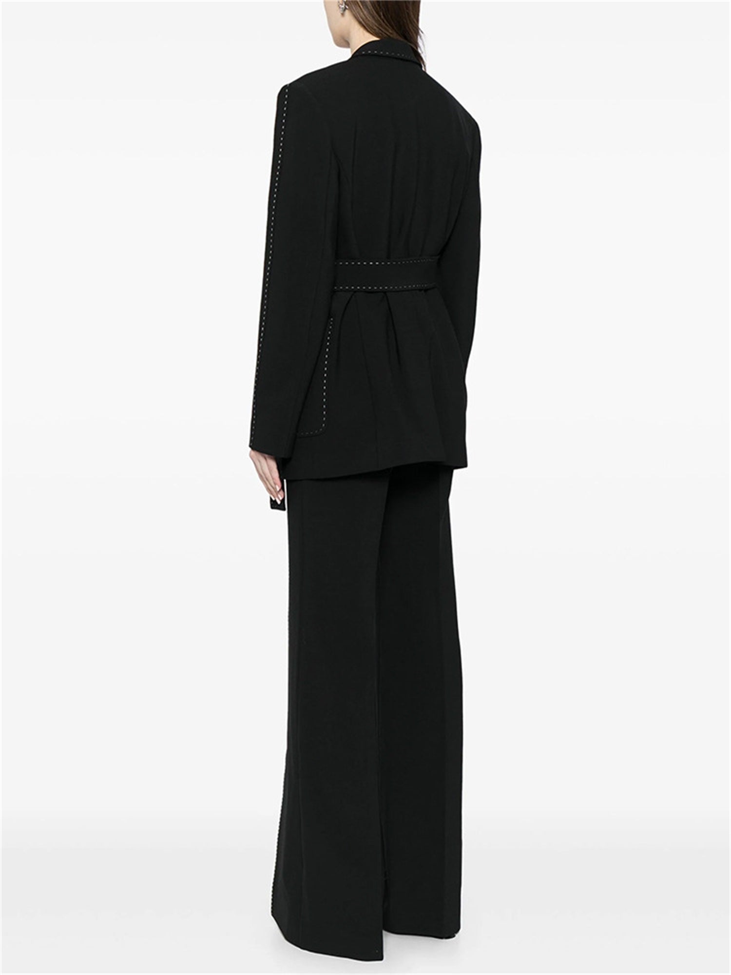 Women Elegant Two Piece Suit Set with Notched Lapel and Waist Tie
