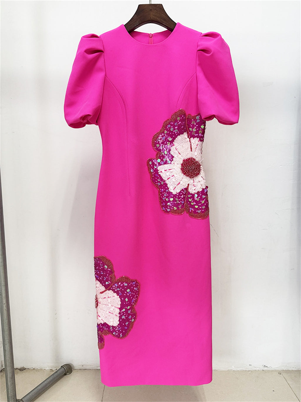 Platlogy Fuchsia Puff Sleeve Midi Dress Hand Beaded Floral Bodycon Formal Party Dress For Women