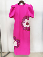Platlogy Fuchsia Puff Sleeve Midi Dress Hand Beaded Floral Bodycon Formal Party Dress For Women