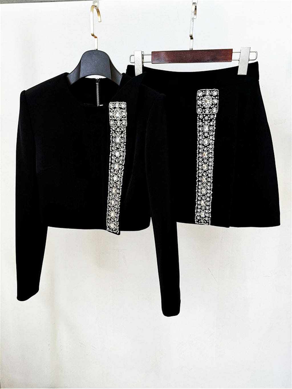 Platlogy Rhinestone Decor Black Two Piece Outfit Long Sleeve Cropped Top Mini Skirt Elegant Party Women Matching Set