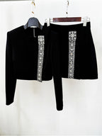 Platlogy Rhinestone Decor Black Two Piece Outfit Long Sleeve Cropped Top Mini Skirt Elegant Party Women Matching Set