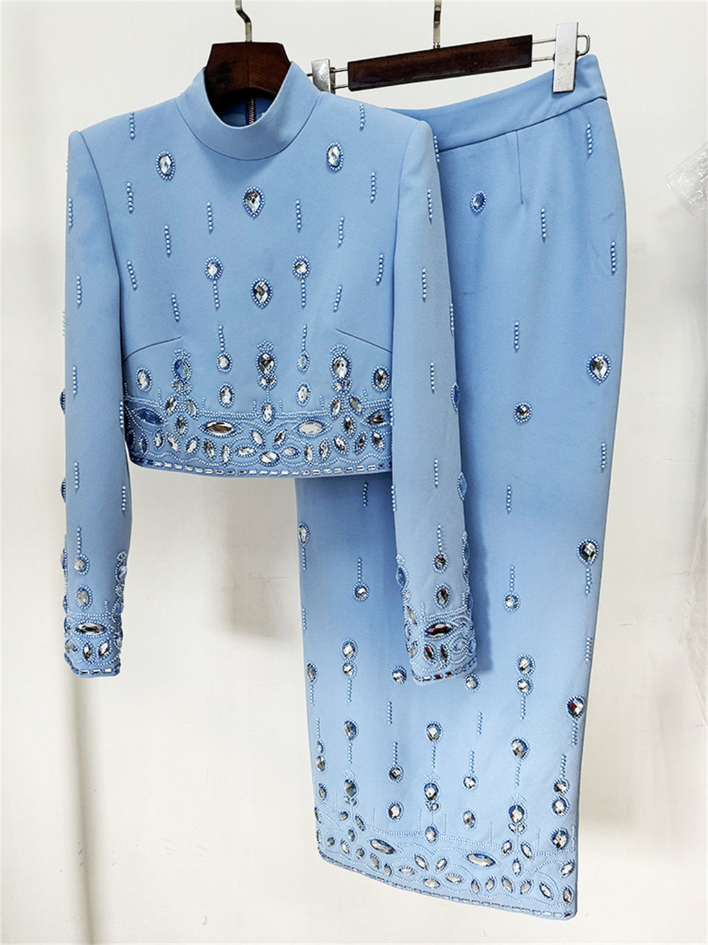 Women Rhinestone Embellished Two Piece Set Long Sleeve Crop Top And Maxi Skirt Formal Party Outfit