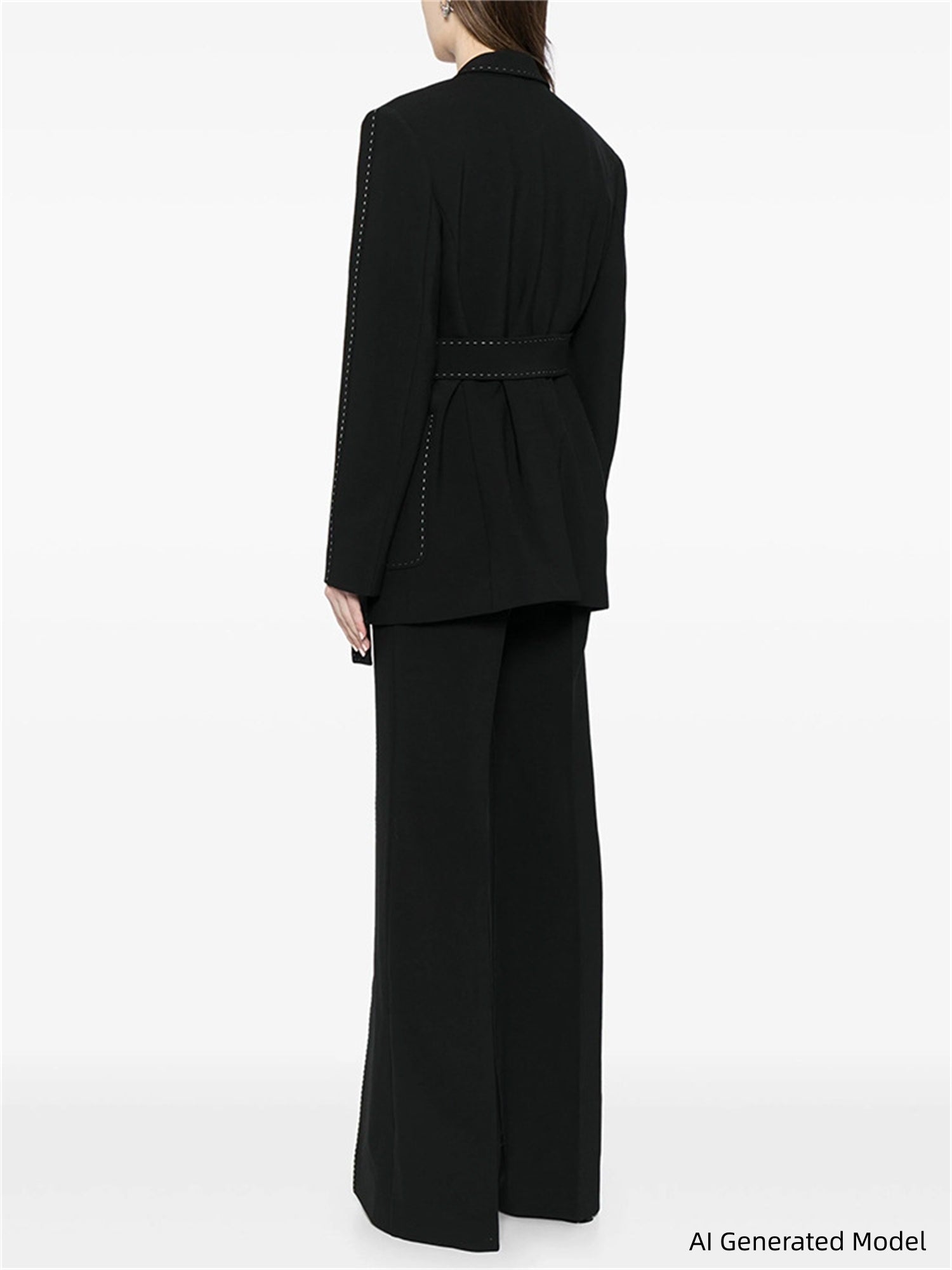 Platlogy Women Elegant Two Piece Suit Set with Notched Lapel and Waist Tie