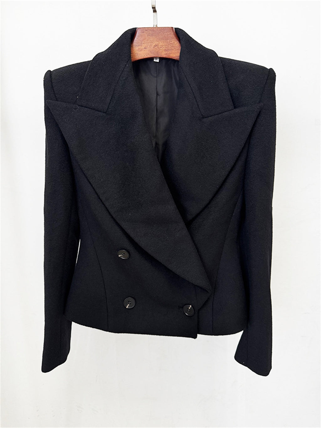Platlogy Women Elegant Big Lapel Double Breasted Wool Blend Slim Cropped Blazer Formal Work Outerwear