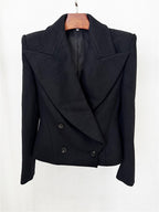 Platlogy Women Elegant Big Lapel Double Breasted Wool Blend Slim Cropped Blazer Formal Work Outerwear