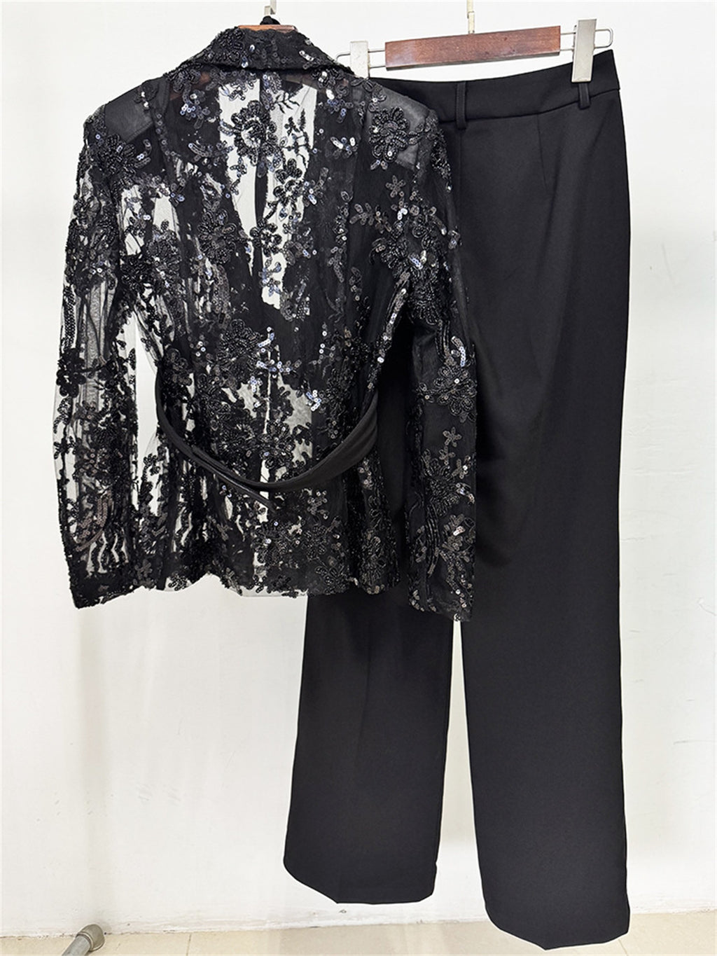 Platlogy Black Sequin Lace Blazer Straight Trouser 2 Piece Set Elegant Formal Women Pant Suit for Evening Party Business Occasions