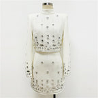 Womens Embellished 2 Piece Blazer Skirt Set High Neck Long Sleeve Formal Party Outfit