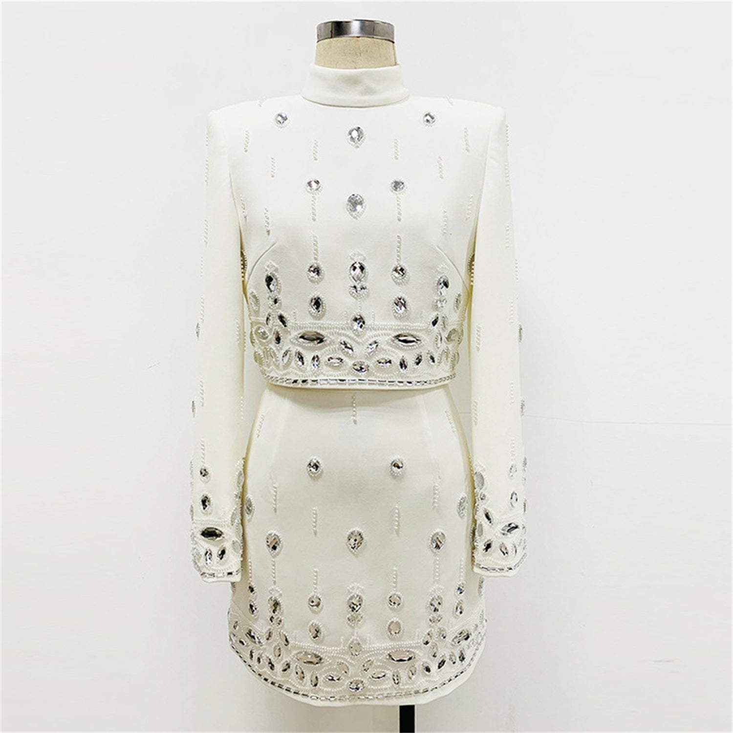 Womens Embellished 2 Piece Blazer Skirt Set High Neck Long Sleeve Formal Party Outfit