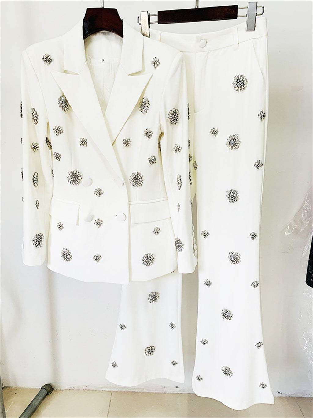 Rhinestone Embellished Blazer and Pants Two Piece Set for Women Formal Party Suit