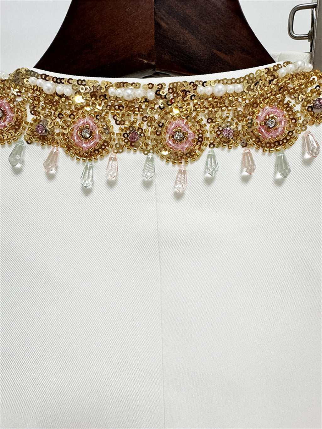 Platlogy Luxury Gold Beaded White Two Piece Women Suit Elegant Formal Blazer And Trouser Set For Business Wedding Party