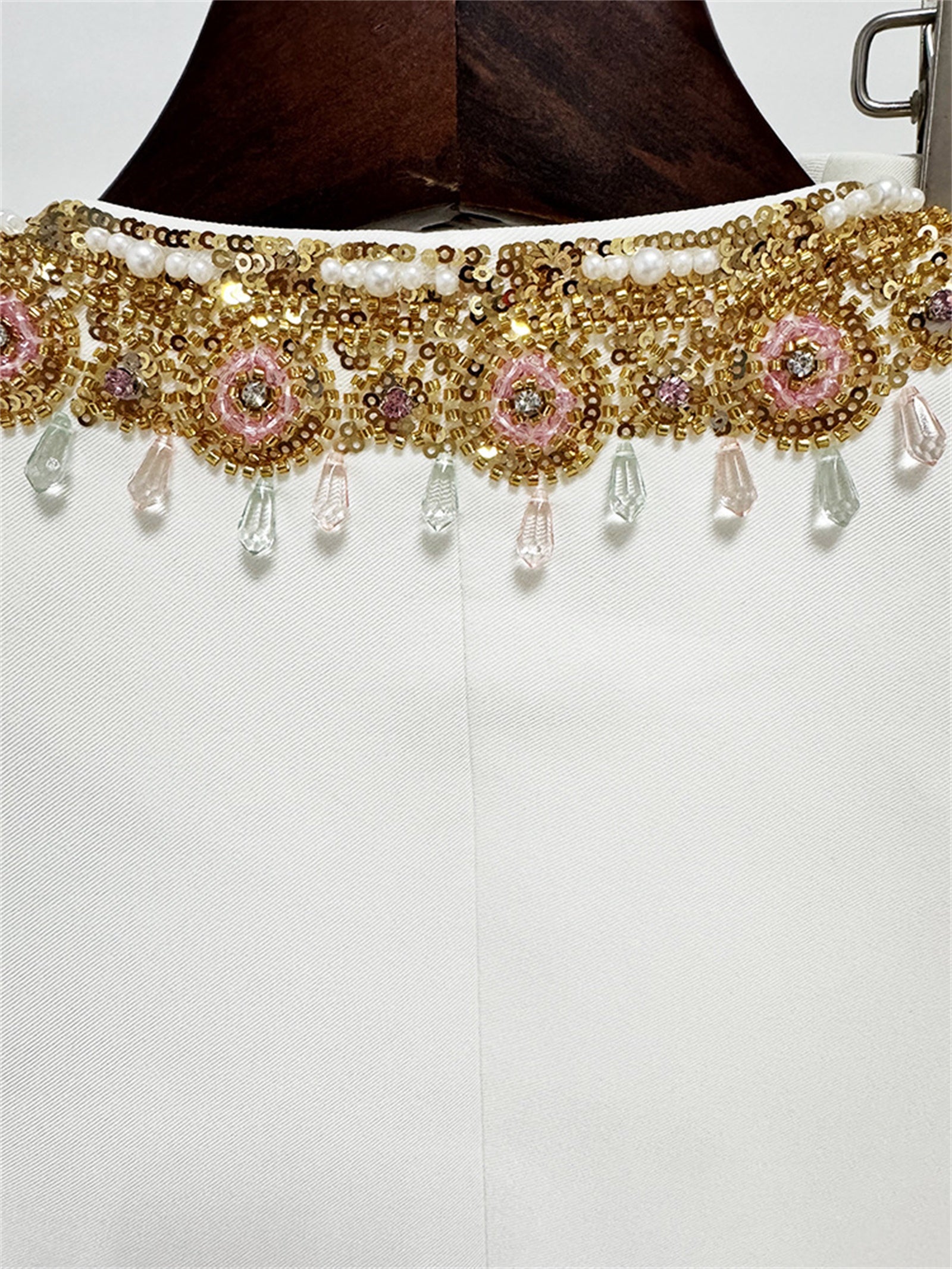 Platlogy Luxury Gold Beaded White Two Piece Women Suit Elegant Formal Blazer And Trouser Set For Business Wedding Party
