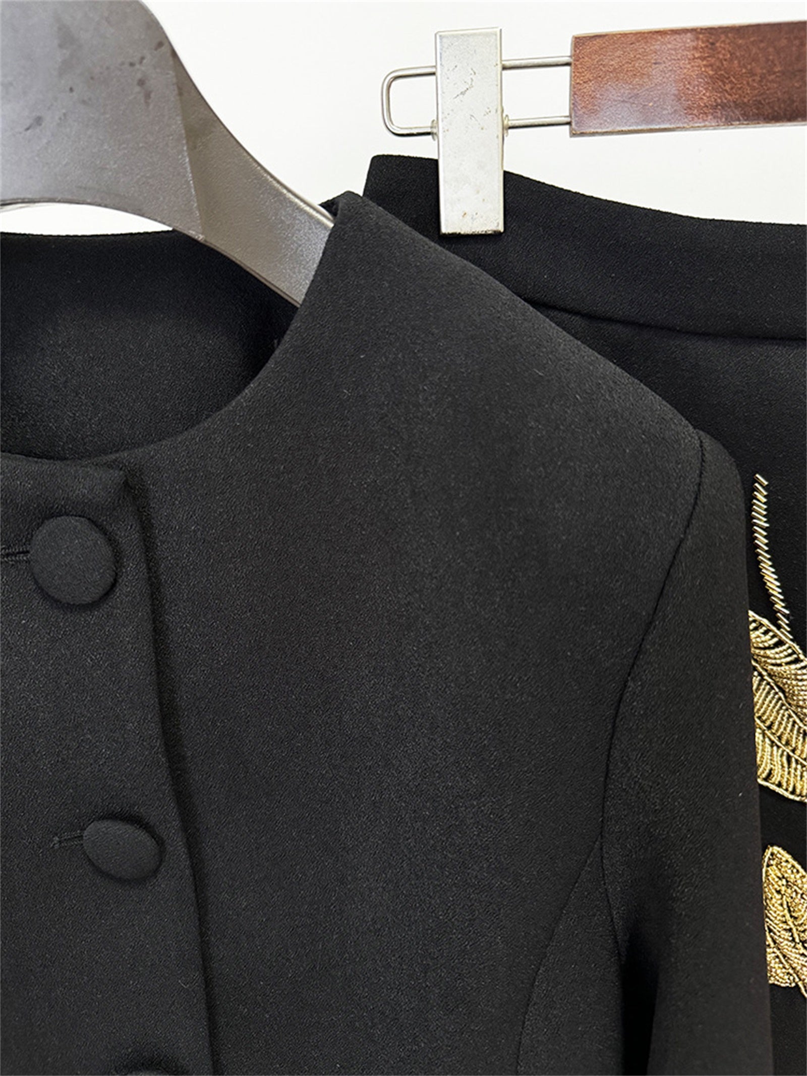 Platlogy Elegant Gold Leaf Embroidery Black Two Piece Set Cropped Jacket And Midi Skirt Formal Women Outfit For Office Wedding Party