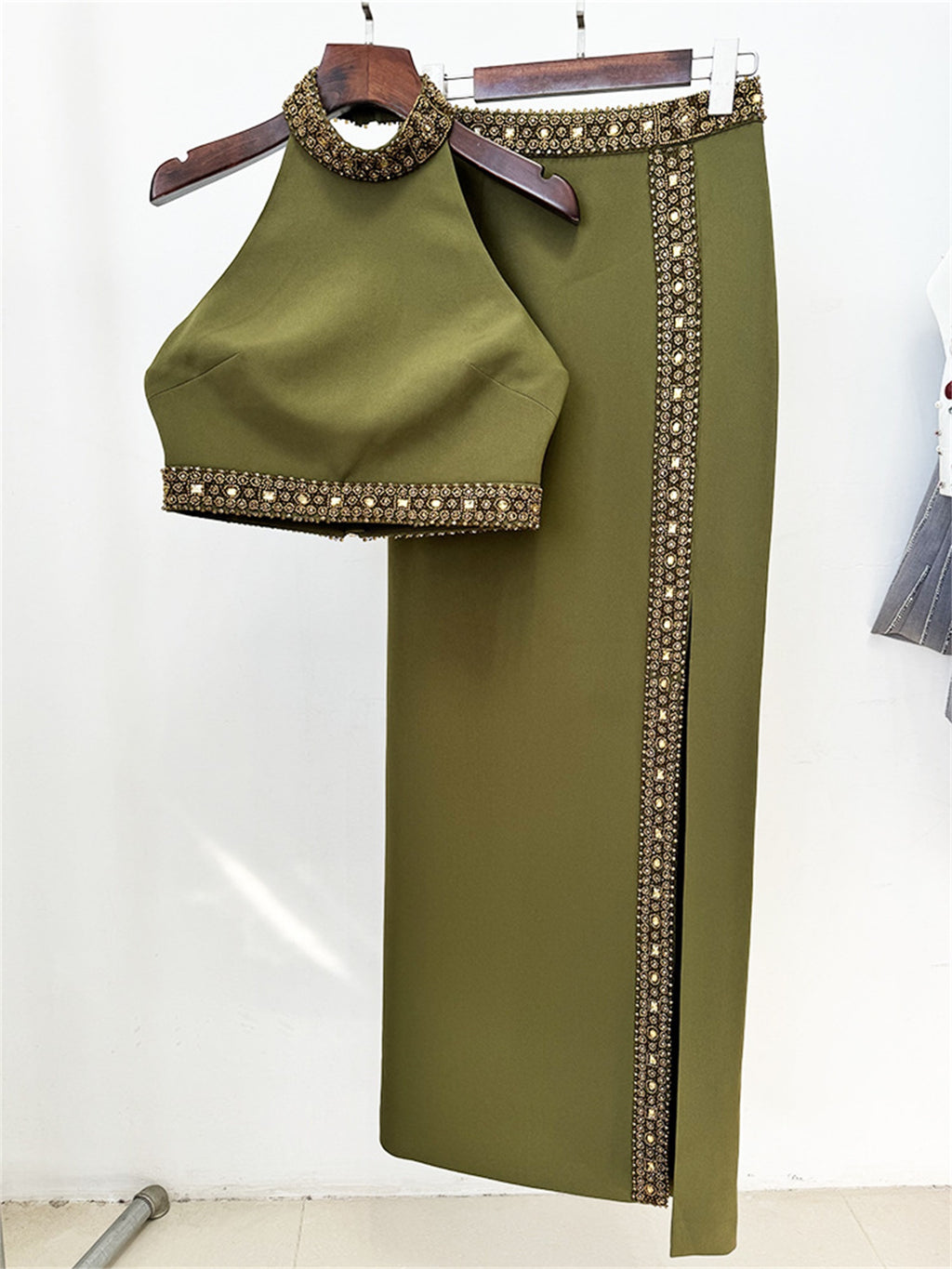 Platlogy Olive Green Handmade Beaded Halter Crop Top Split Long Skirt Two Piece Formal Party Set