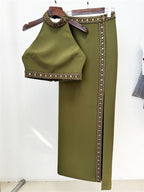Platlogy Olive Green Handmade Beaded Halter Crop Top Split Long Skirt Two Piece Formal Party Set