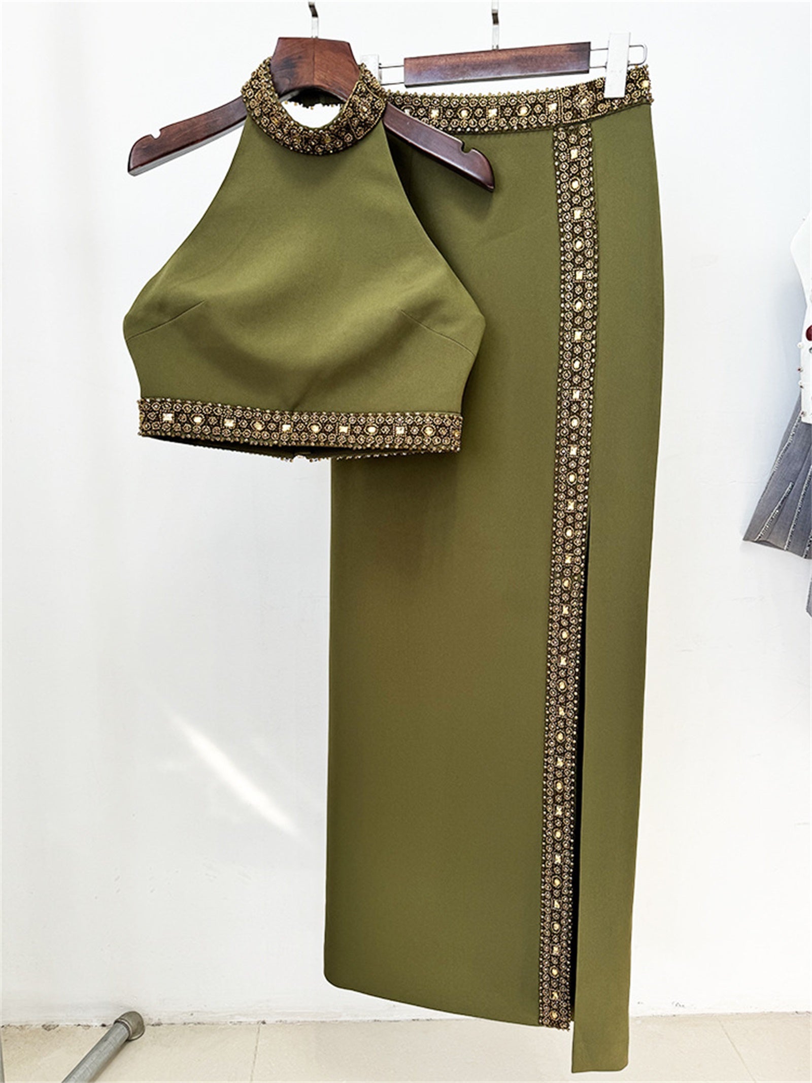 Platlogy Olive Green Handmade Beaded Halter Crop Top Split Long Skirt Two Piece Formal Party Set