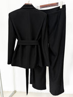 Platlogy Elegant White Belted Blazer Pants Set Stitched Detail Formal Business Two Piece Outfit For Women