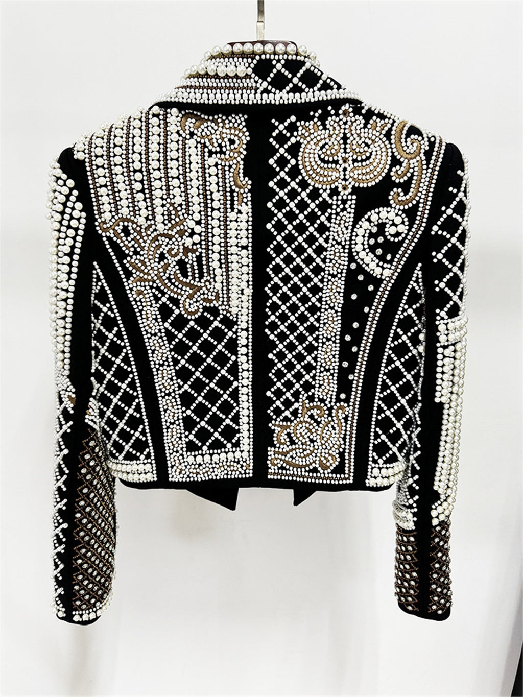 Platlogy Luxury Heavy Pearl Embroidered Cropped Blazer Women Lapel Long Sleeve Elegant Party Dressy Jacket