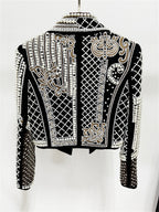 Platlogy Luxury Heavy Pearl Embroidered Cropped Blazer Women Lapel Long Sleeve Elegant Party Dressy Jacket