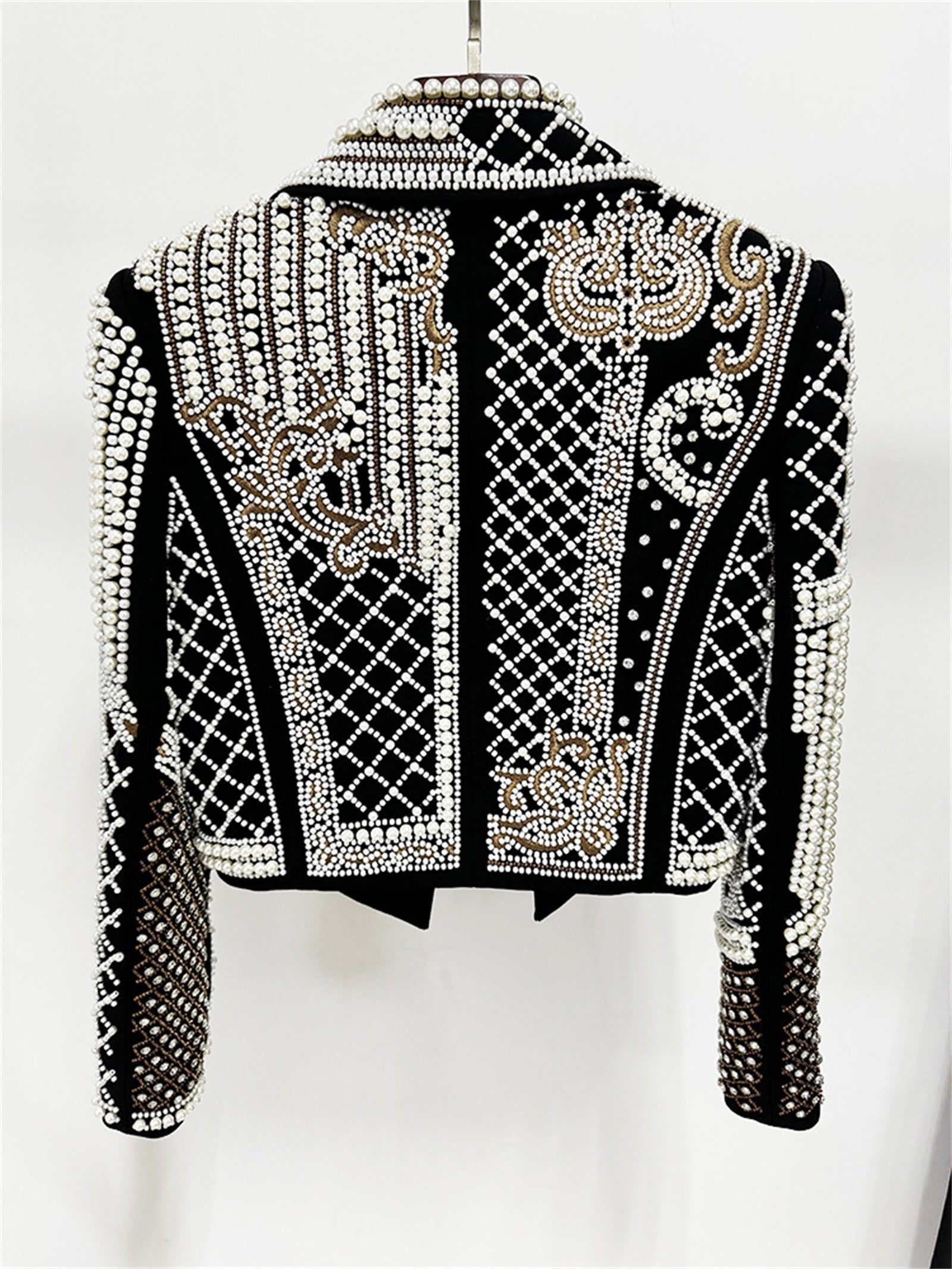 Platlogy Luxury Heavy Pearl Embroidered Cropped Blazer Women Lapel Long Sleeve Elegant Party Dressy Jacket