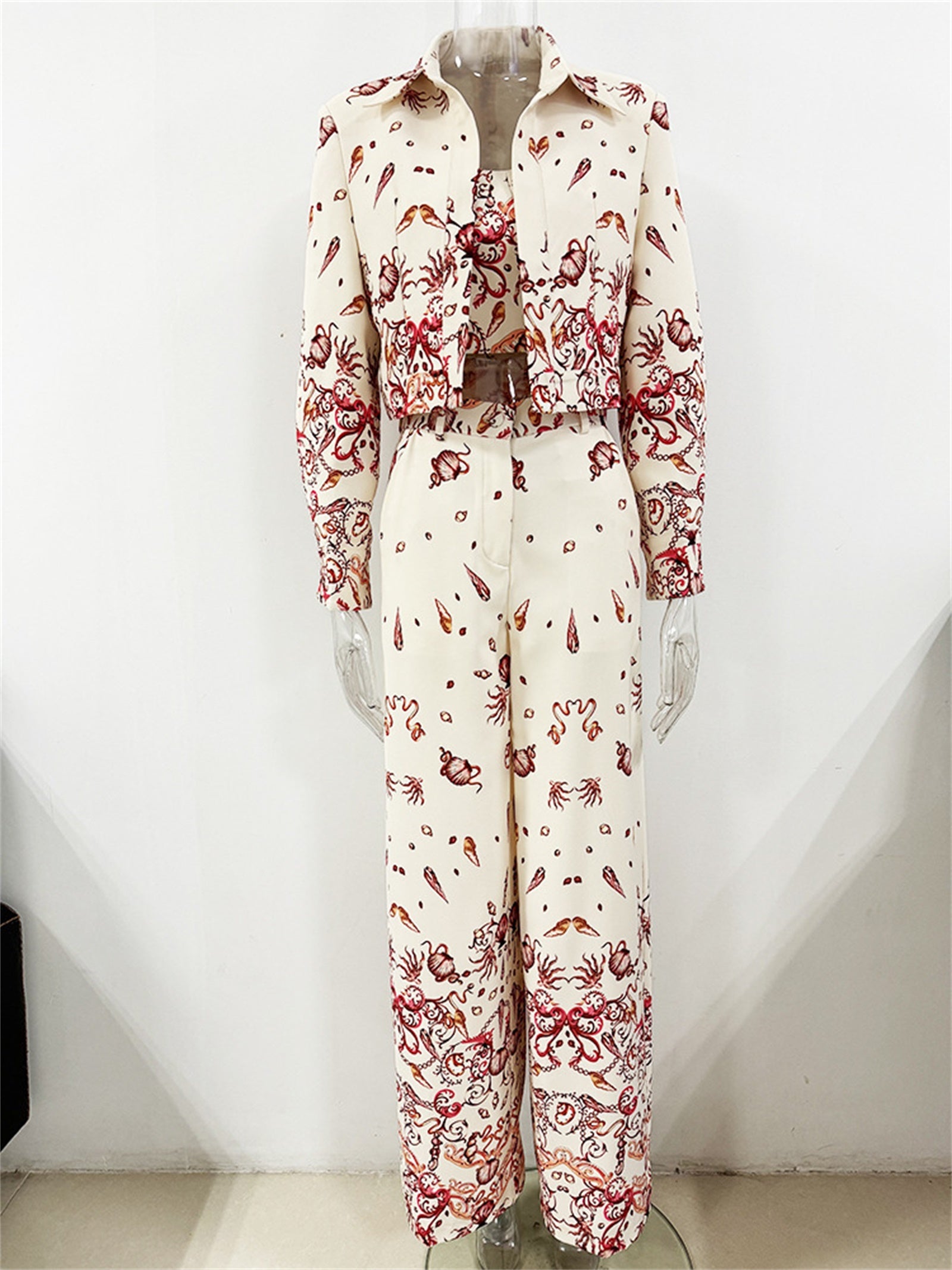 Platlogy Vintage Marine Print Three Piece Women Suit Cropped Blazer Cami Top Wide Leg Pants Elegant Casual Outfit Set