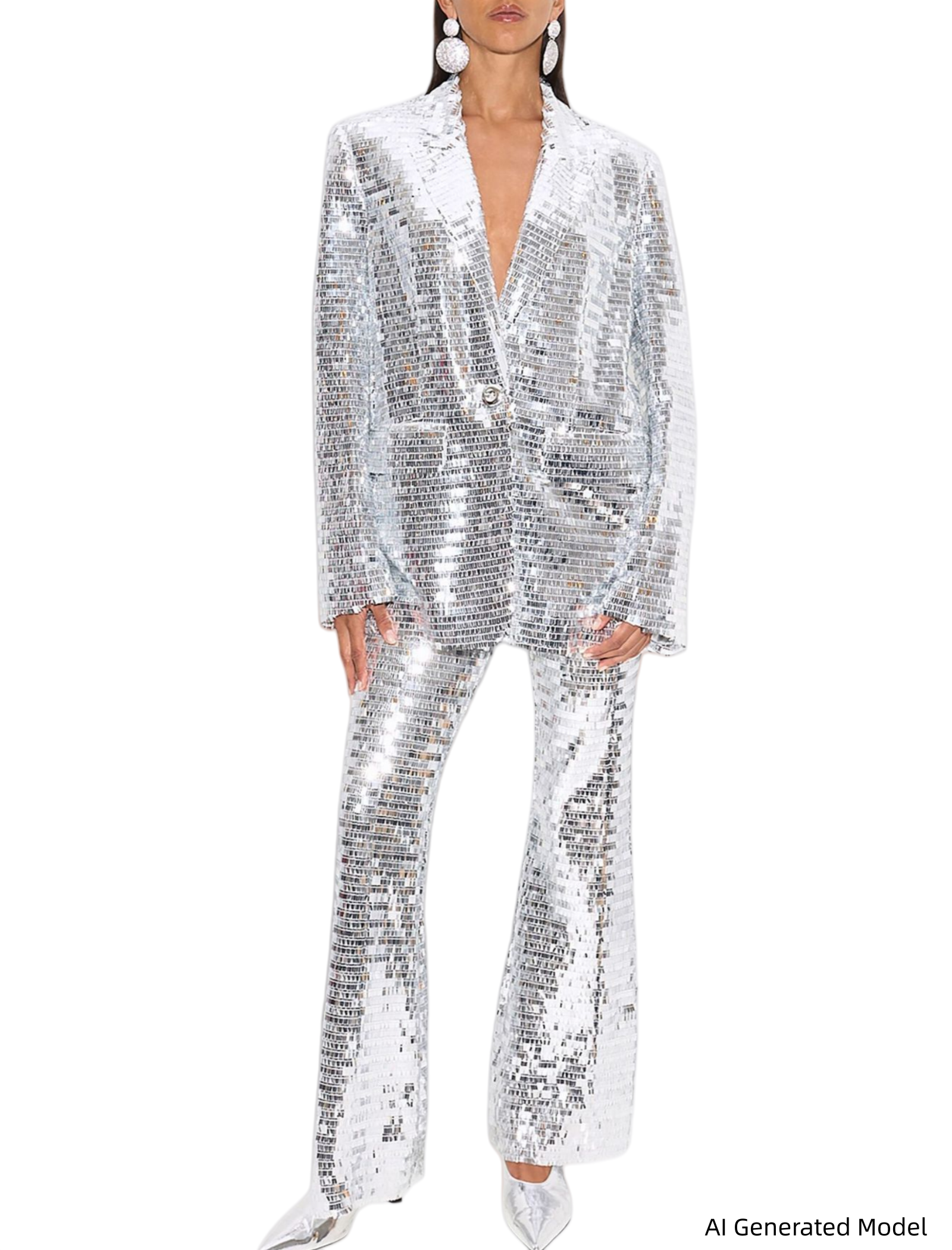 Platlogy Silver Sequin Blazer Pant Set Women Glitter Two Piece Outfit For Party Prom Stage Show Main image