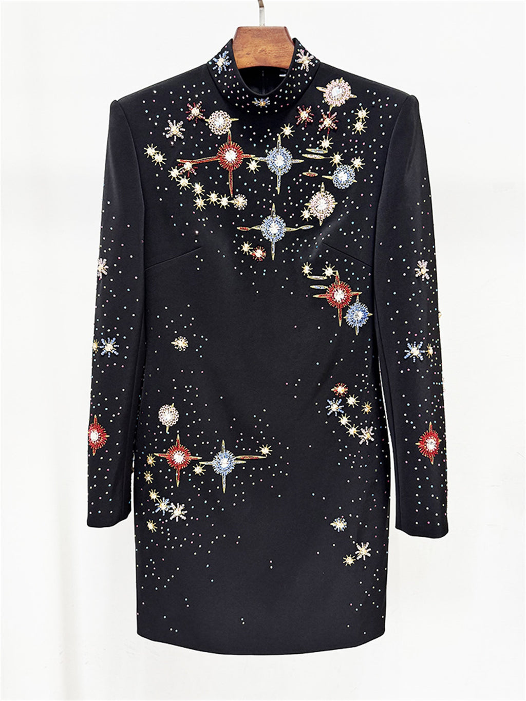 Platlogy Black Stand Collar Long Sleeve Mini Dress Heavy Star Rhinestone Embellished Elegant Party Cocktail Dress
