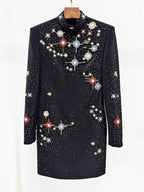 Platlogy Black Stand Collar Long Sleeve Mini Dress Heavy Star Rhinestone Embellished Elegant Party Cocktail Dress