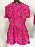 Platlogy Hot Pink Floral Beaded Short Sleeve Mini Dress Elegant Party Cocktail Dress For Women