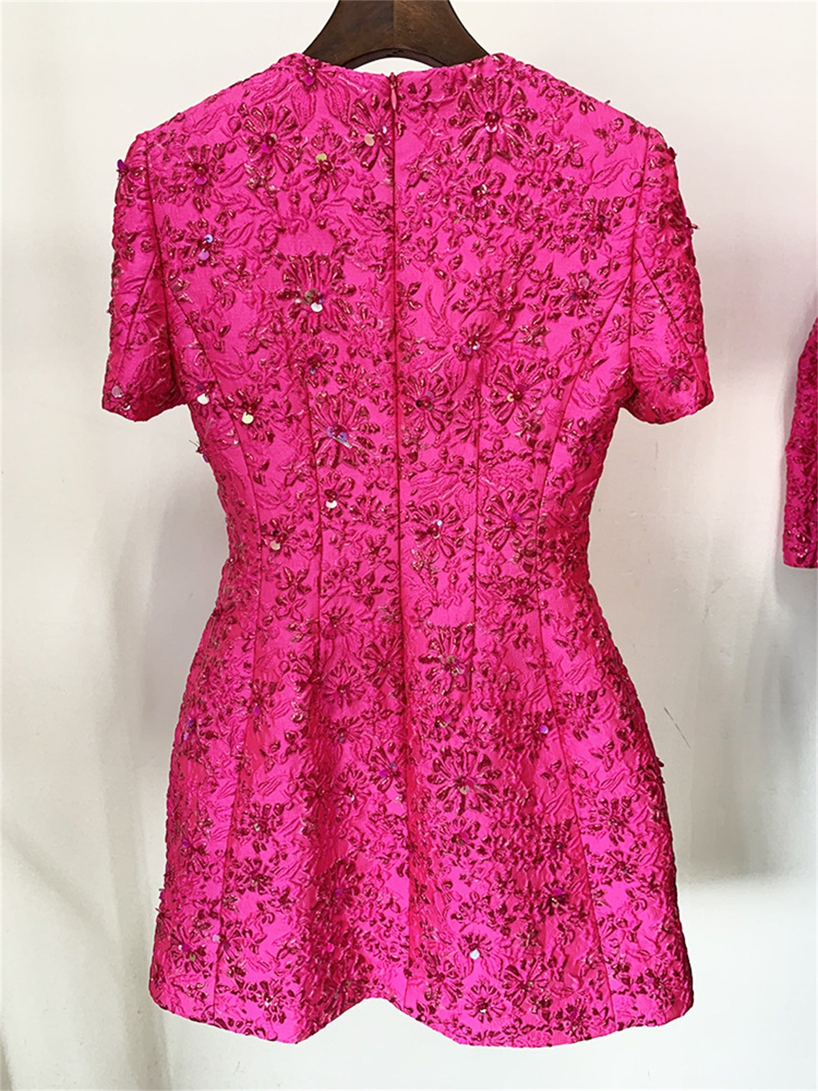 Platlogy Hot Pink Floral Beaded Short Sleeve Mini Dress Elegant Party Cocktail Dress For Women