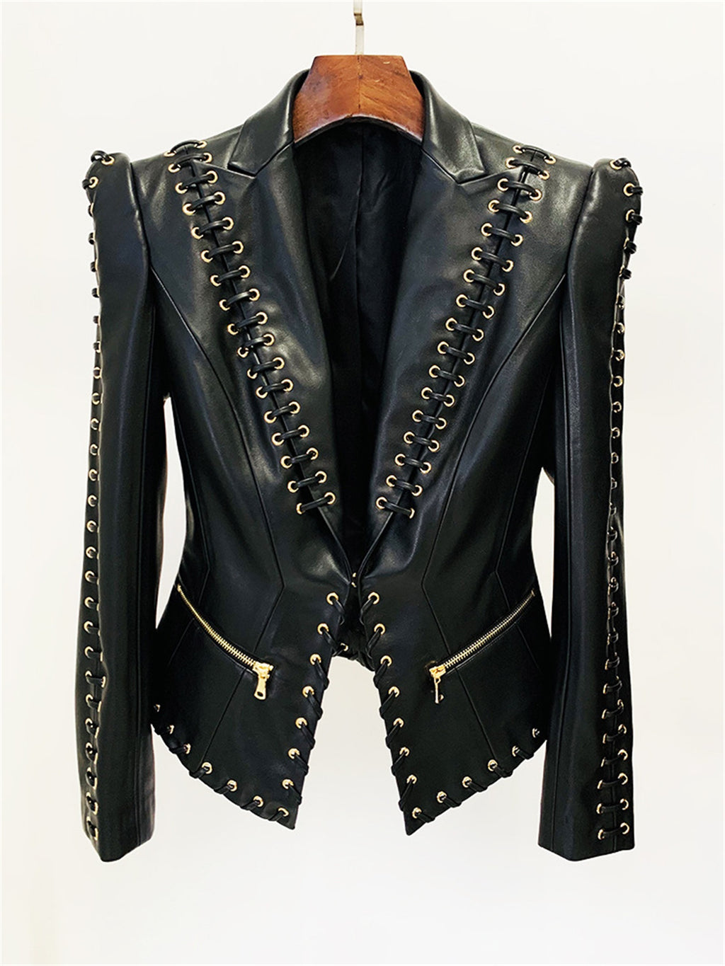 Platlogy Black Lace Up Detailed Fitted Leather Blazer Women Cropped Long Sleeve Formal Party Leather Jacket