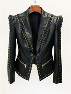 Platlogy Black Lace Up Detailed Fitted Leather Blazer Women Cropped Long Sleeve Formal Party Leather Jacket